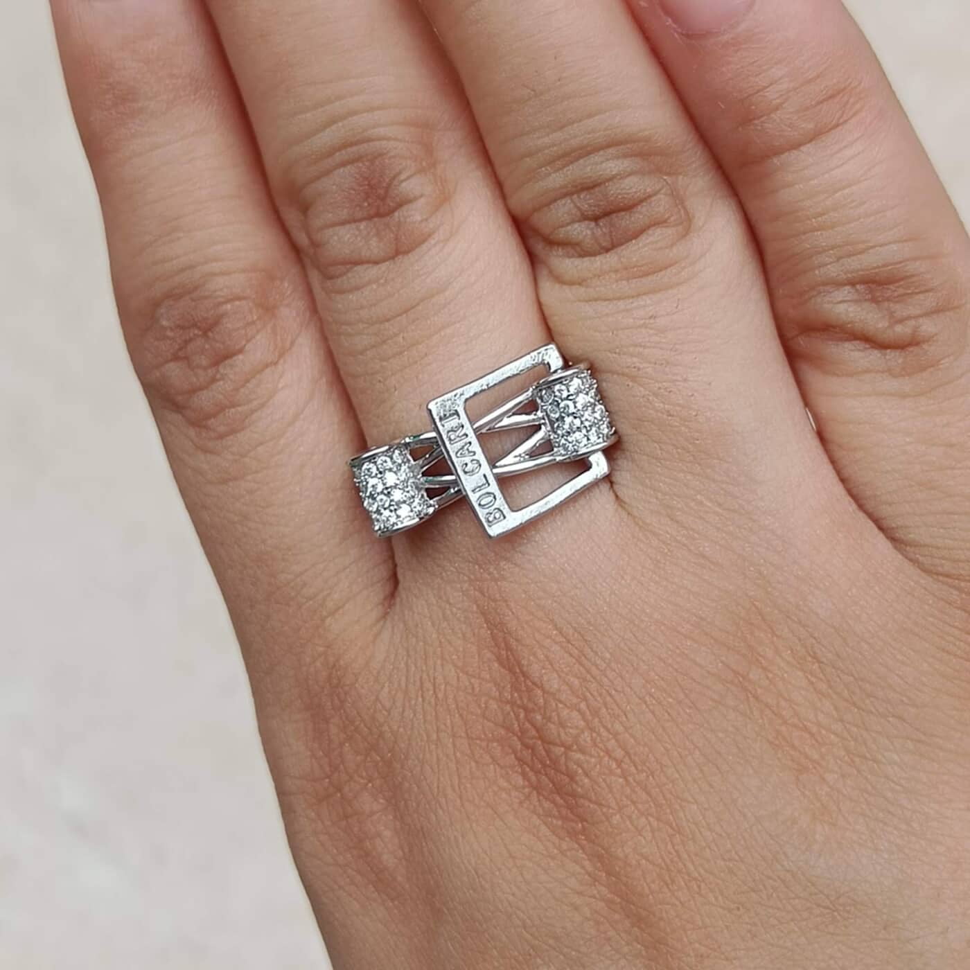 Bold Silver Buckle Adjustable Ring with AD Accents Bold Silver Buckle Adjustable Ring with AD Accents