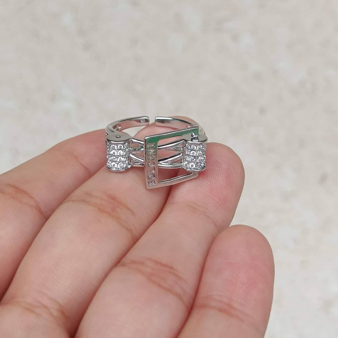 Bold Silver Buckle Adjustable Ring with AD Accents Bold Silver Buckle Adjustable Ring with AD Accents