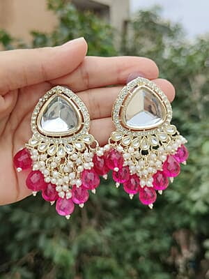Elegant Vibrant Pink Kundan and Pearl Earrings