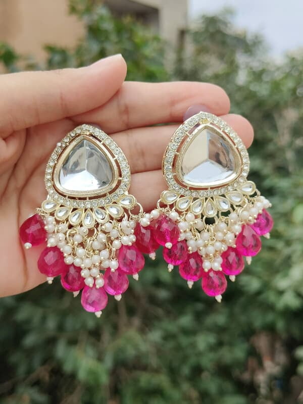 Elegant Vibrant Pink Kundan and Pearl Earrings