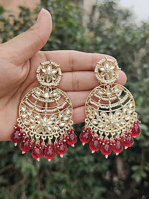 Maroon Kundan and Pearl Earrings