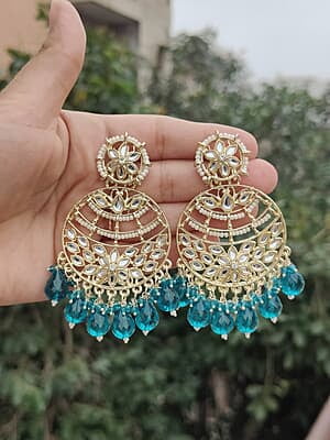Dark Turquoise Green Kundan and Pearl Earrings