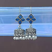 Traditional Oxidized Silver-Tone Jhumka Earrings with Navy Blue and Pearl Accents