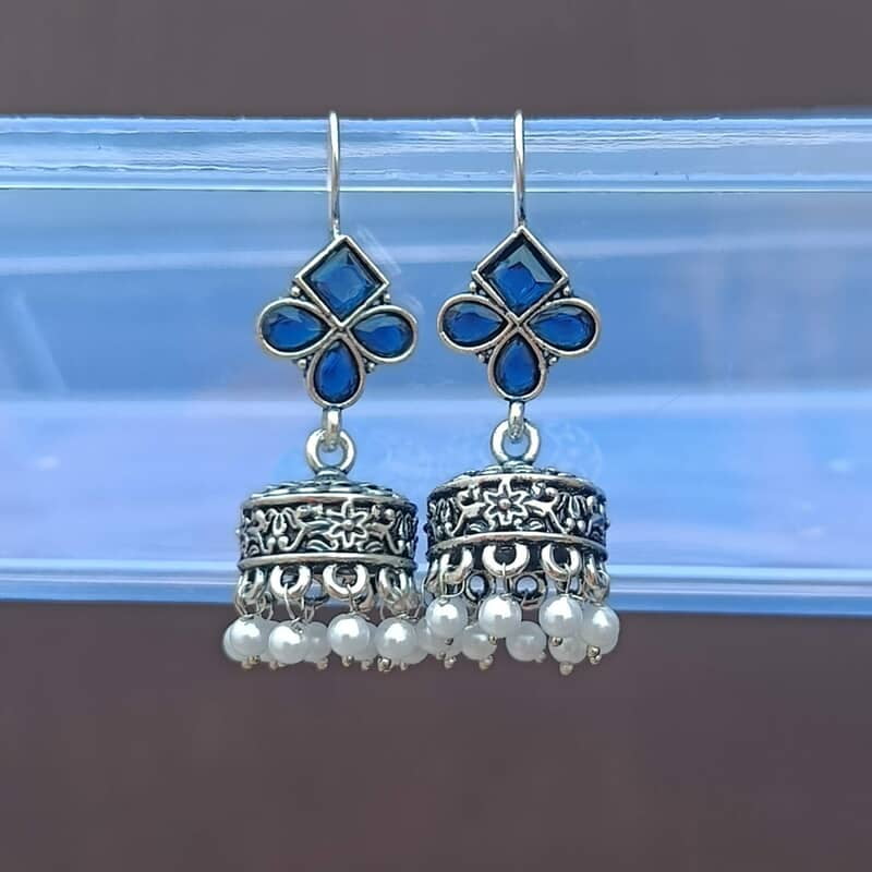 Traditional Oxidized Silver-Tone Jhumka Earrings with Navy Blue and Pearl Accents
