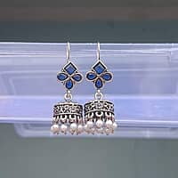 Traditional Oxidized Silver-Tone Jhumka Earrings with Navy Blue and Pearl Accents