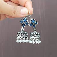 Traditional Oxidized Silver-Tone Jhumka Earrings with Navy Blue and Pearl Accents
