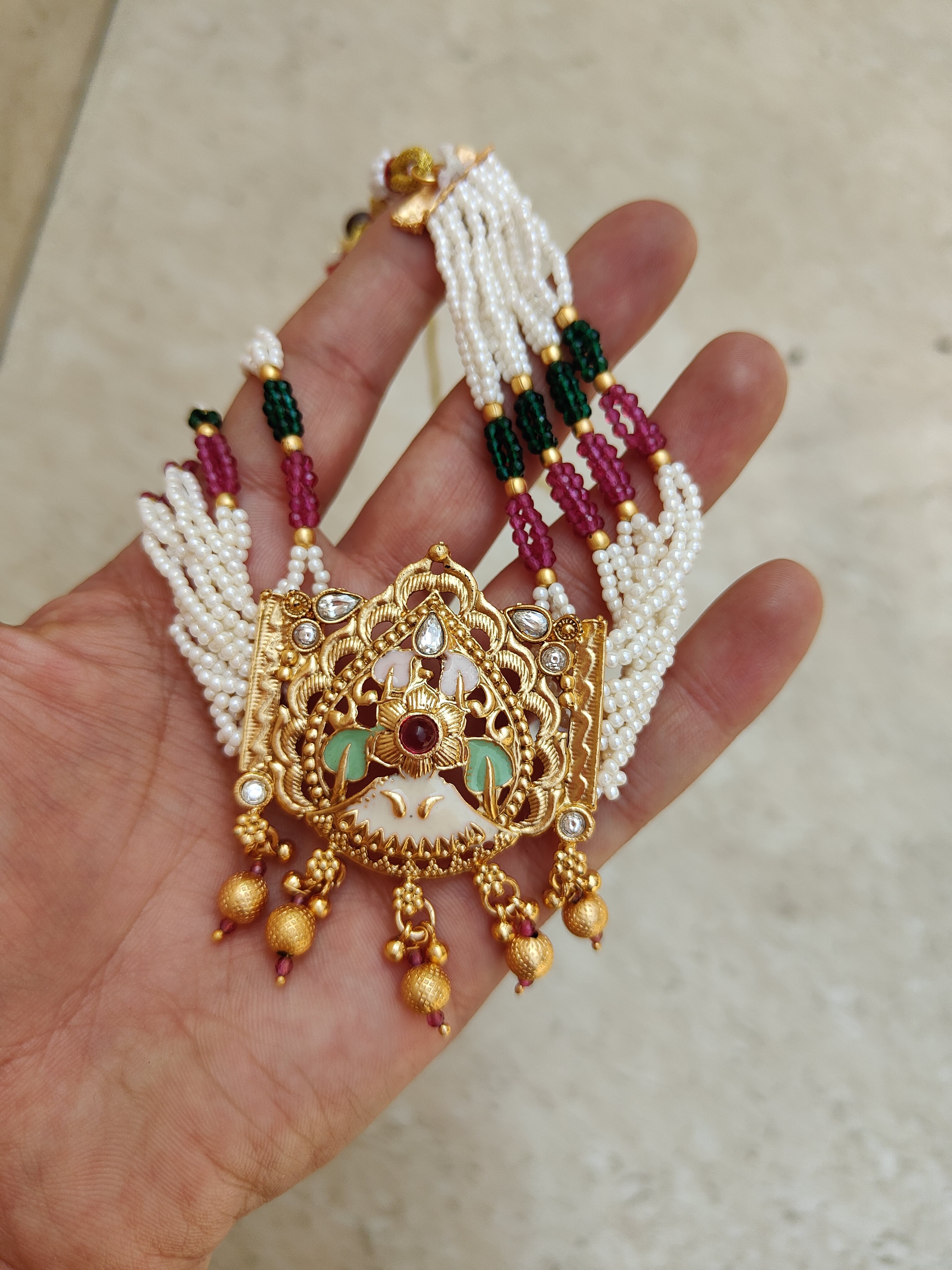 Elegant Rajwadi Choker Set with Pearl and Stone Embellishments Elegant Rajwadi Choker Set with Pearl and Stone Embellishments